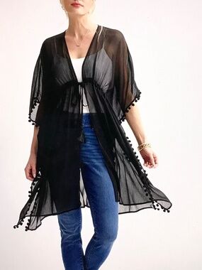 NINE WEST Chiffon Topper with Mini Pom Trim Black Women’s One Size XL/1X